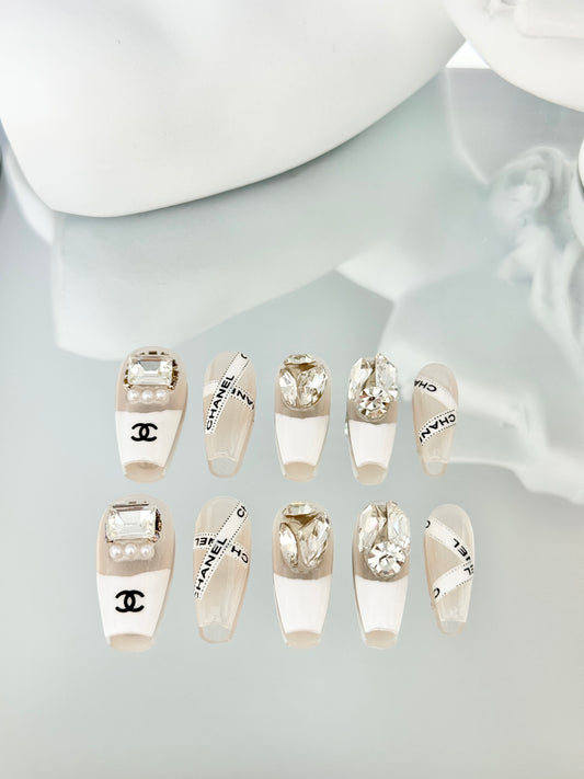 Long coffin Chanel diamond nails white