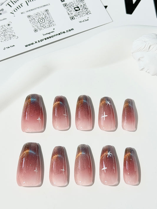 Long coffin cat eye hand-painted nails blue