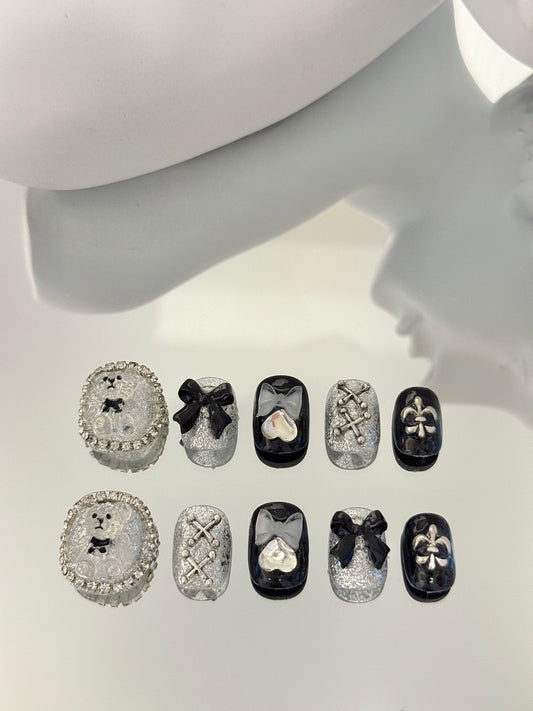 Short square oval 3d jelly stick nails cute bear black white