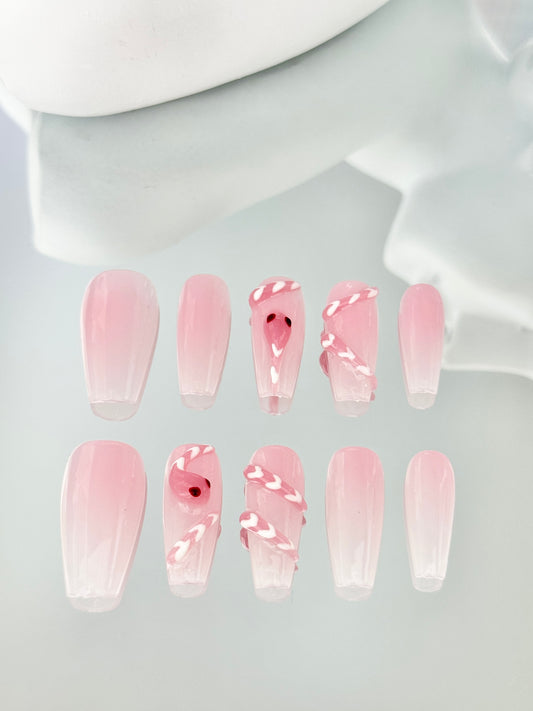 Long coffin hand-painted snake nails pink