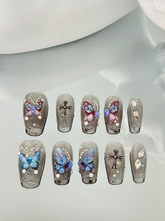 Medium length coffin butterfly nails transparent grey blue pink