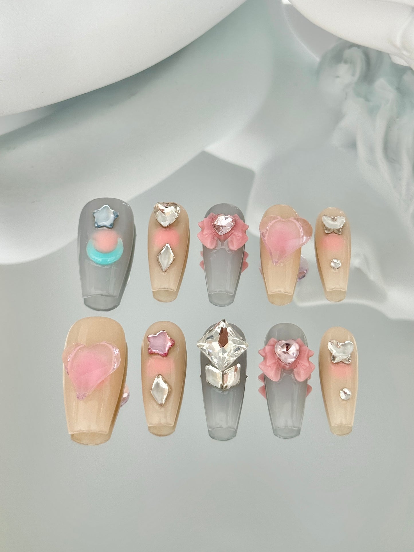 Long coffin 3d stickers nails blue yellow