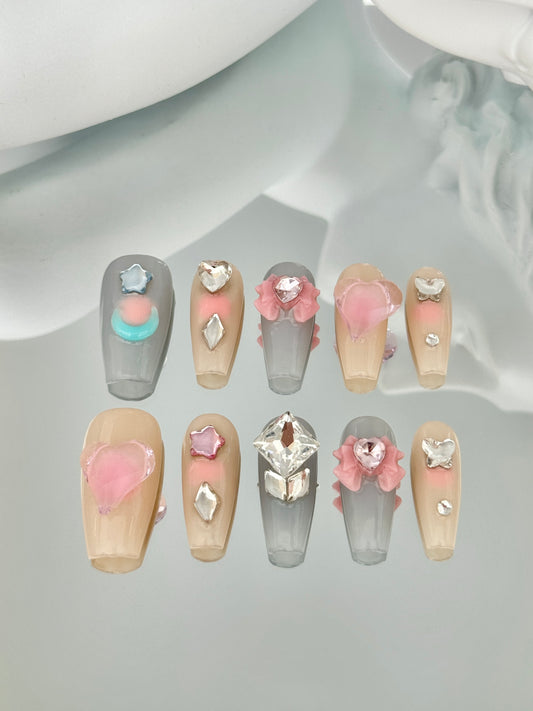 Long coffin 3d stickers nails blue yellow