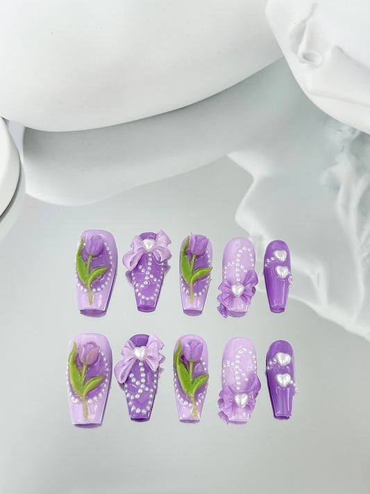 Long coffin 3d tulip nails purple